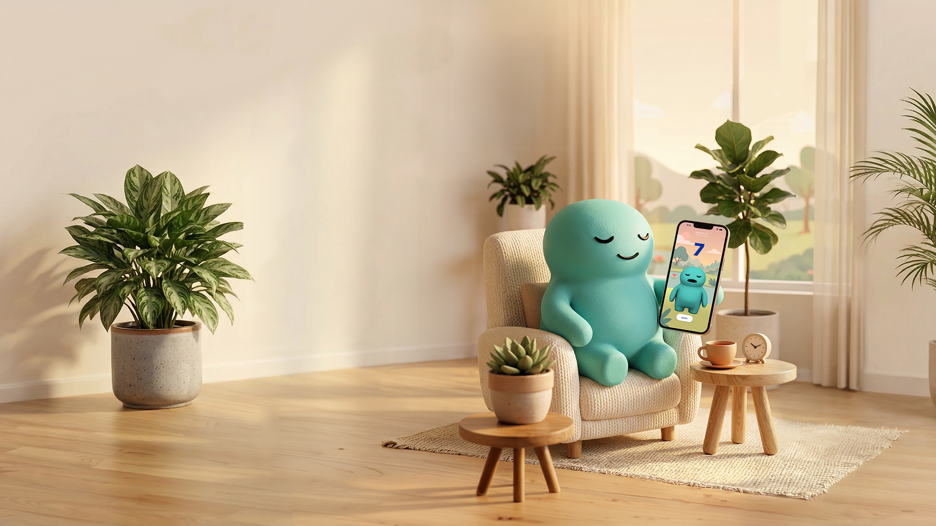 Chonky B. Breathington sitting peacefully in a cozy chair surrounded by plants, with a phone showing the breathing app