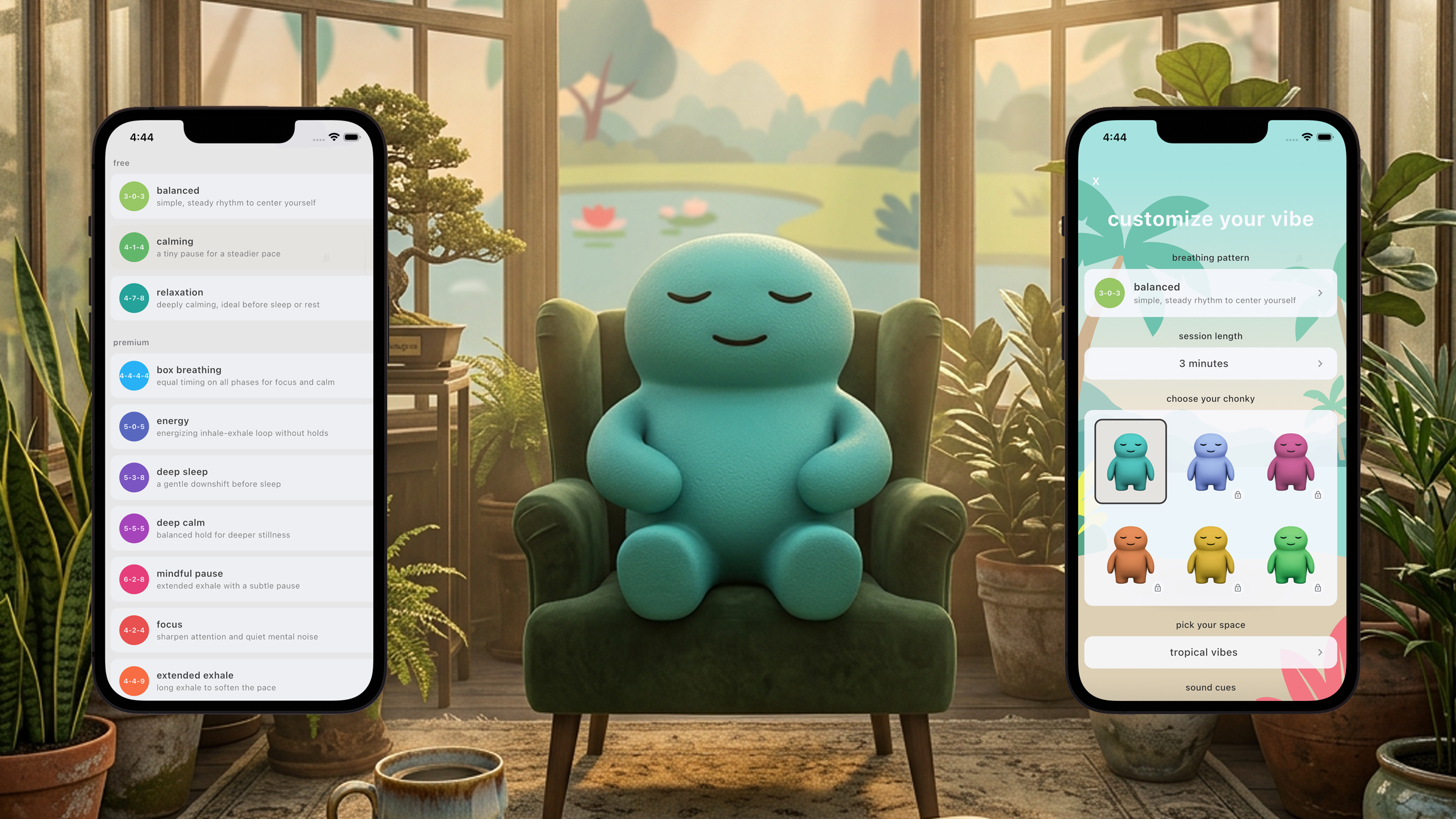 App screenshots showing the breathing pattern list and customization options