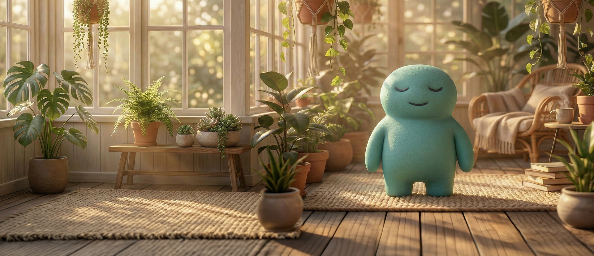 Chonky B. Breathington standing peacefully in a sunlit solarium filled with plants